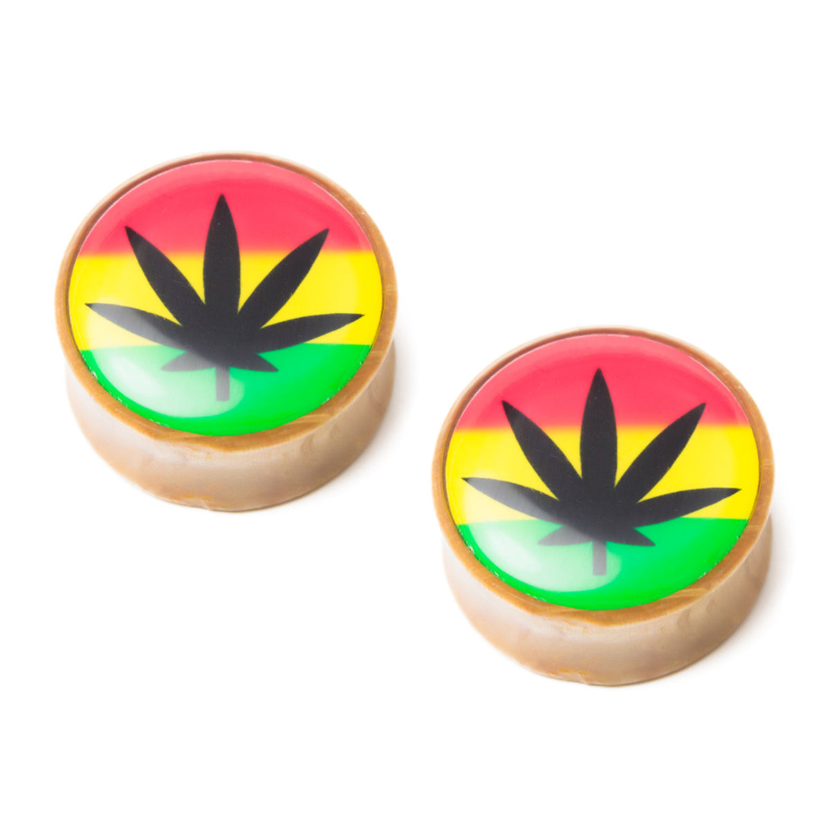 Wood 2 Gauge Saddle Fit Plugs with Jamaican Rasta Pot Leaf - Pair