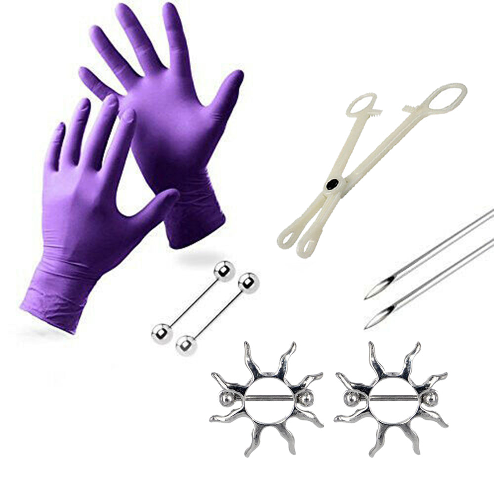 Surgical Steel Nipple Piercing Kit with Heart Shields