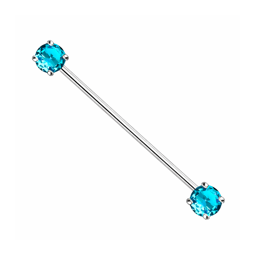 Surgical Steel 14 Gauge Industrial Barbell with Prong Aqua CZ