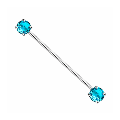 Surgical Steel 14 Gauge Industrial Barbell with Prong Aqua CZ