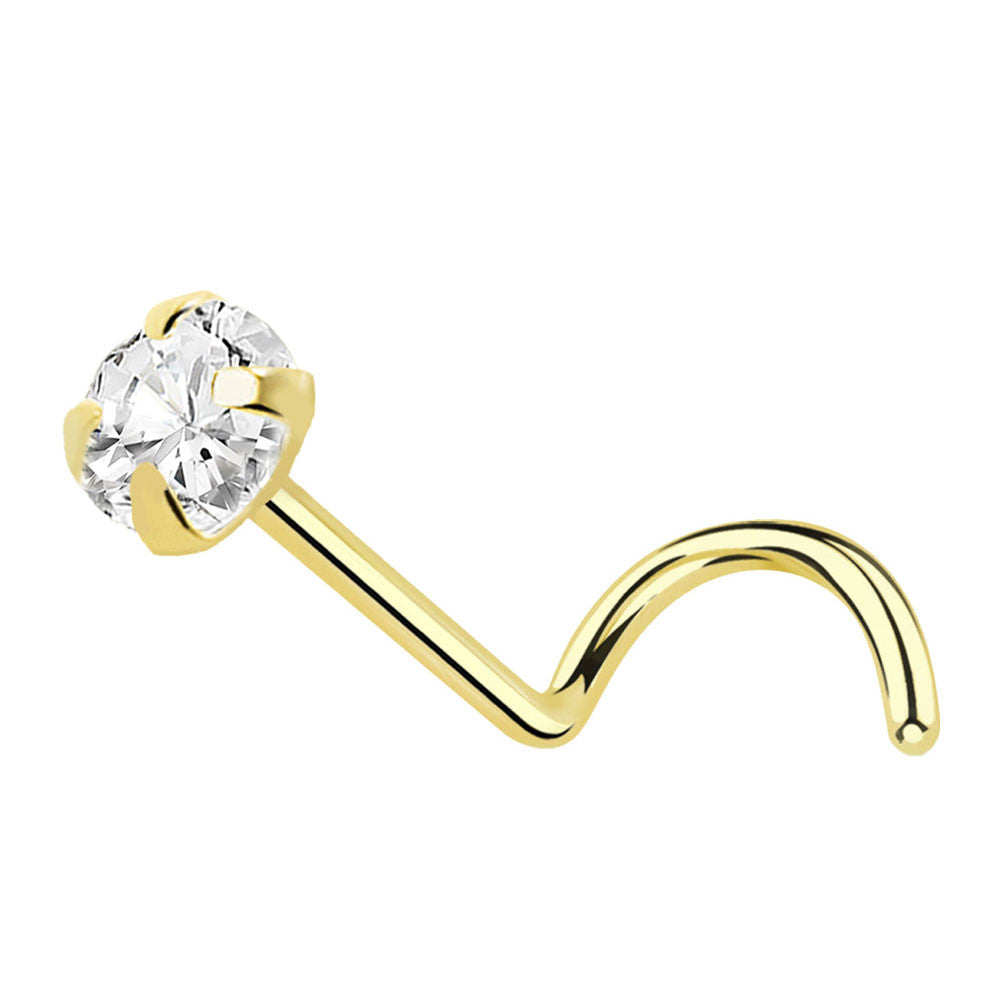 14K Solid Gold Corkscrew Nose Ring 22G 6mm with Prong CZ