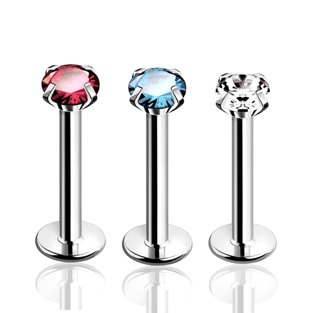 Surgical Steel 16 Gauge Prong CZ Flat Back Labret Stud 8mm