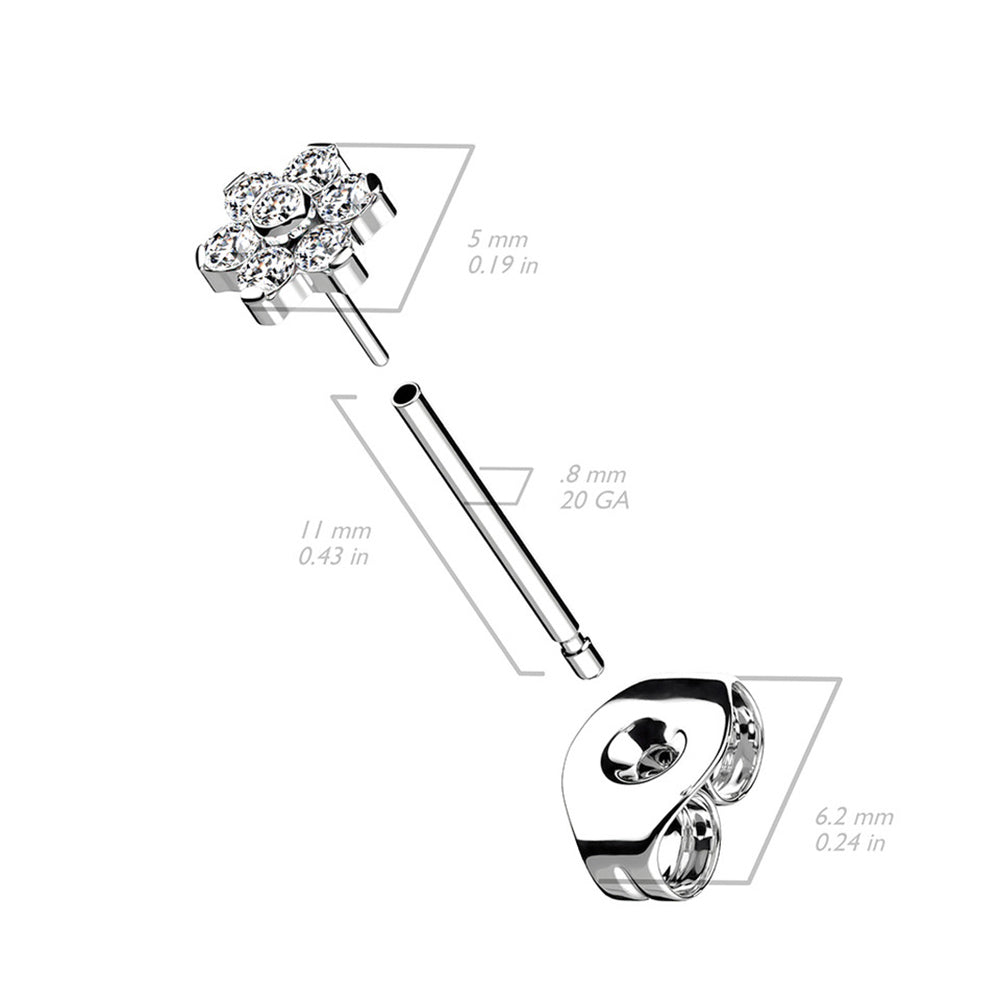 Titanium 20 Gauge CZ Flower End Earring Studs - Pair