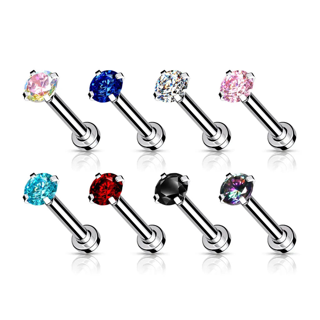 Surgical Steel 18 Gauge Prong CZ Top Flat Back Labret Stud