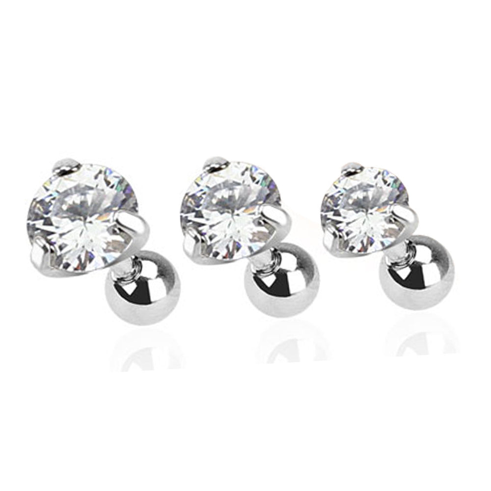 Surgical Steel 16 Gauge Prong CZ Tragus Barbell Earrings - 3 Pack