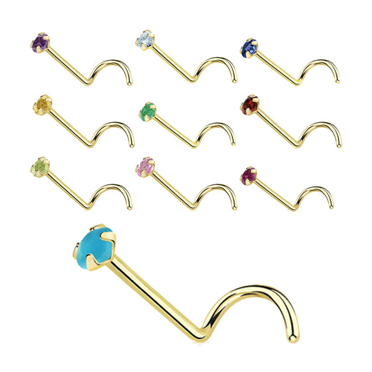14 Karat Solid Gold 22 Gauge Nose Ring Screw with CZ Gem