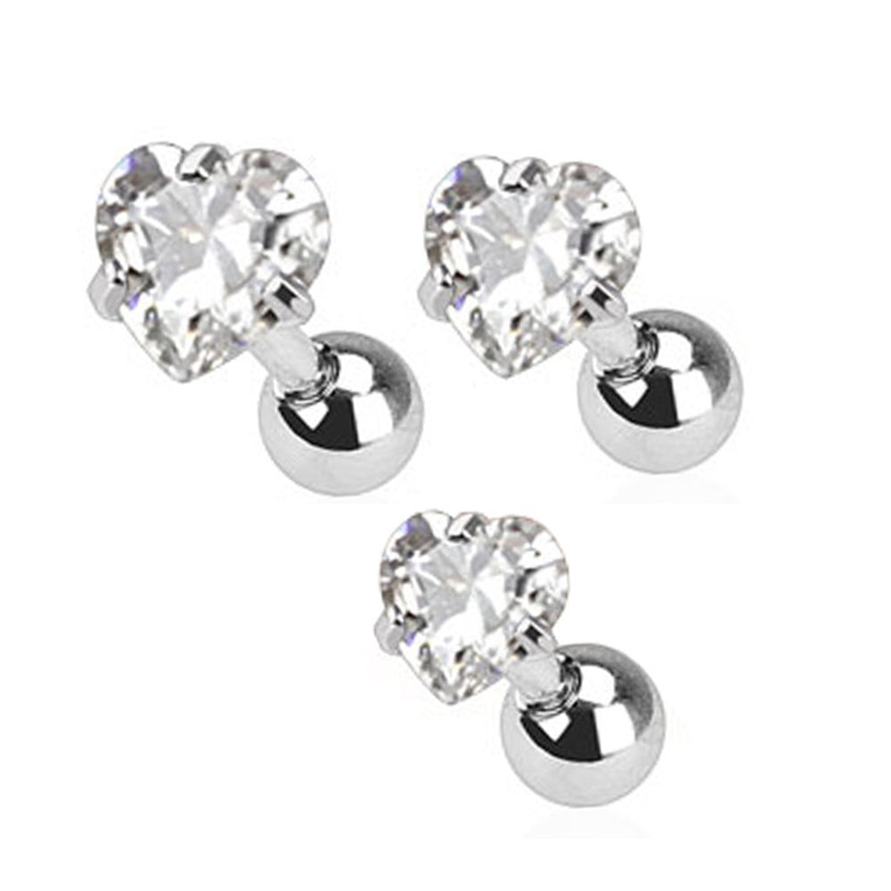 Surgical Steel 16 Gauge Prong Heart CZ Tragus Barbells - 3 Pack