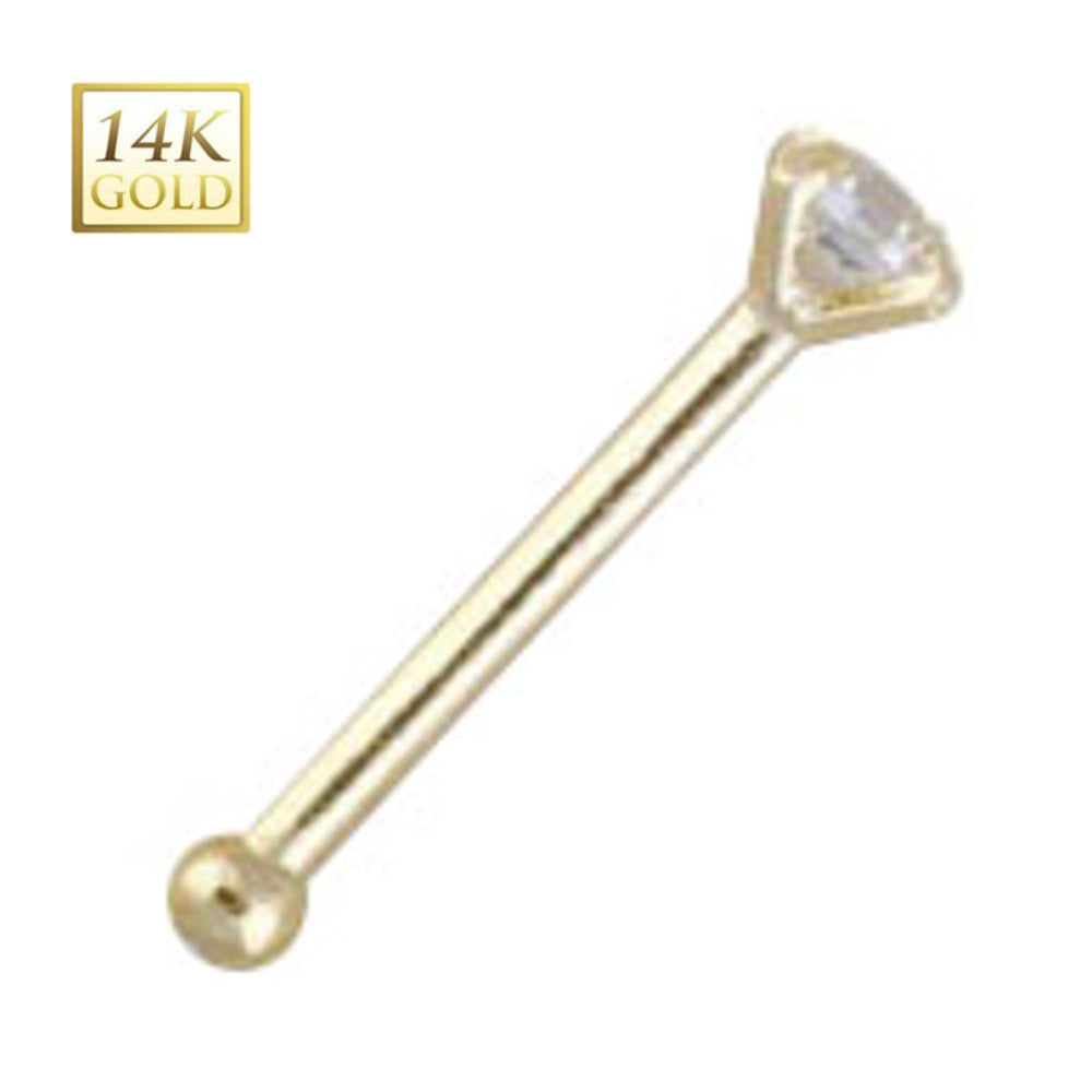 14K Solid Gold 18 Gauge Nose Bone Stud with Prong Set Clear CZ
