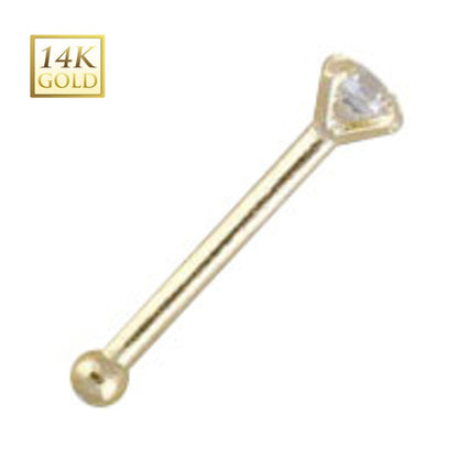 14K Solid Gold 18 Gauge Nose Bone Stud with Prong Set Clear CZ
