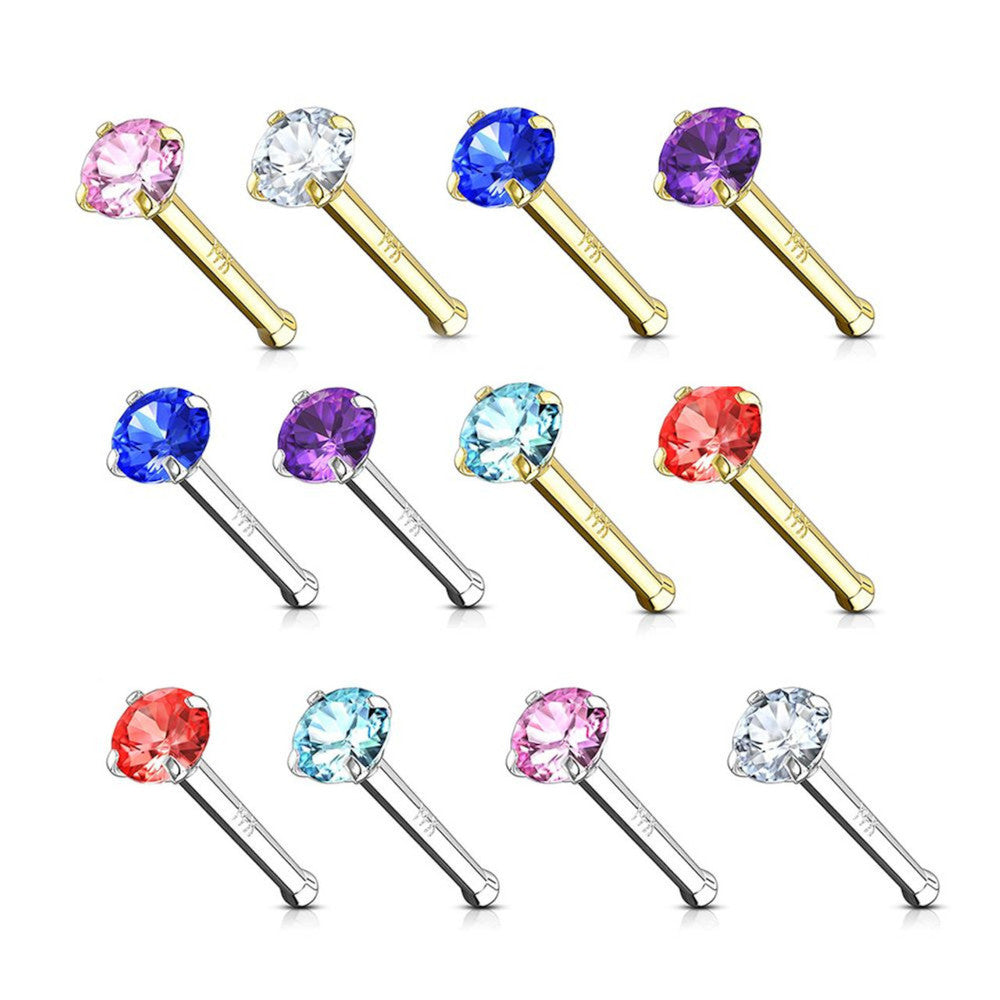 14K Solid Gold 20 Gauge Nose Bone Stud with Prong Set CZ