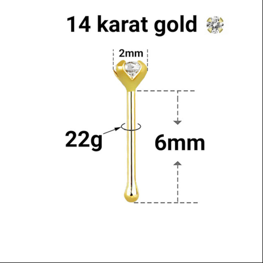 14K Solid Yellow Gold Nose Bone Stud 22 Gauge 6mm with Clear CZ - photo 3