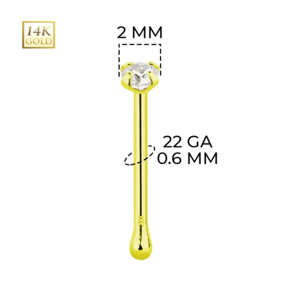 18K Solid Gold 22 Gauge CZ Top Nose Bone Stud