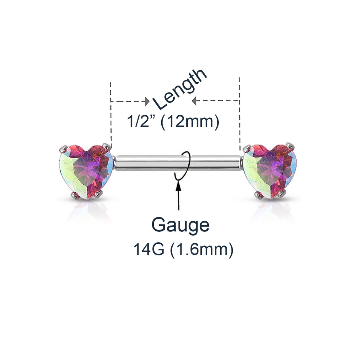Surgical Steel 14 Gauge Nipple Barbell with CZ Heart Prong Set - Pair - photo 2
