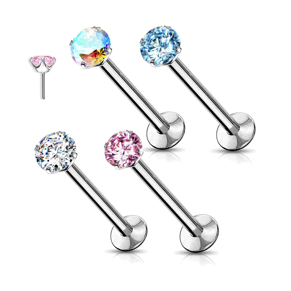 Surgical Steel 16 to 20 Gauge Push In Labret Stud with Prong CZ