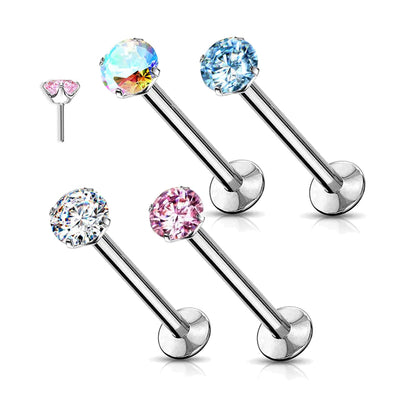 Surgical Steel 16 to 20 Gauge Push In Labret Stud with Prong CZ
