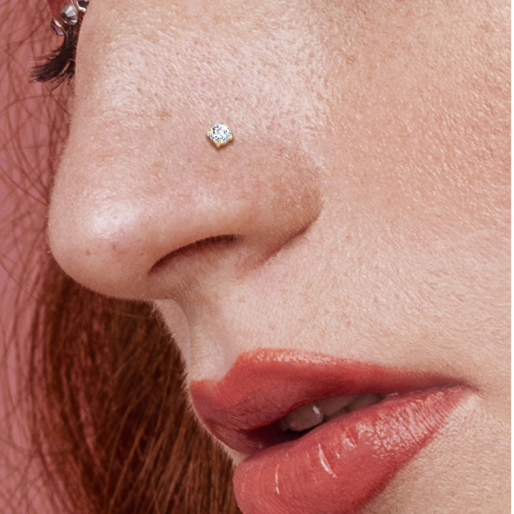 14K Solid Gold 20 & 18 Gauge Prong Set CZ Fishtail Nose Stud