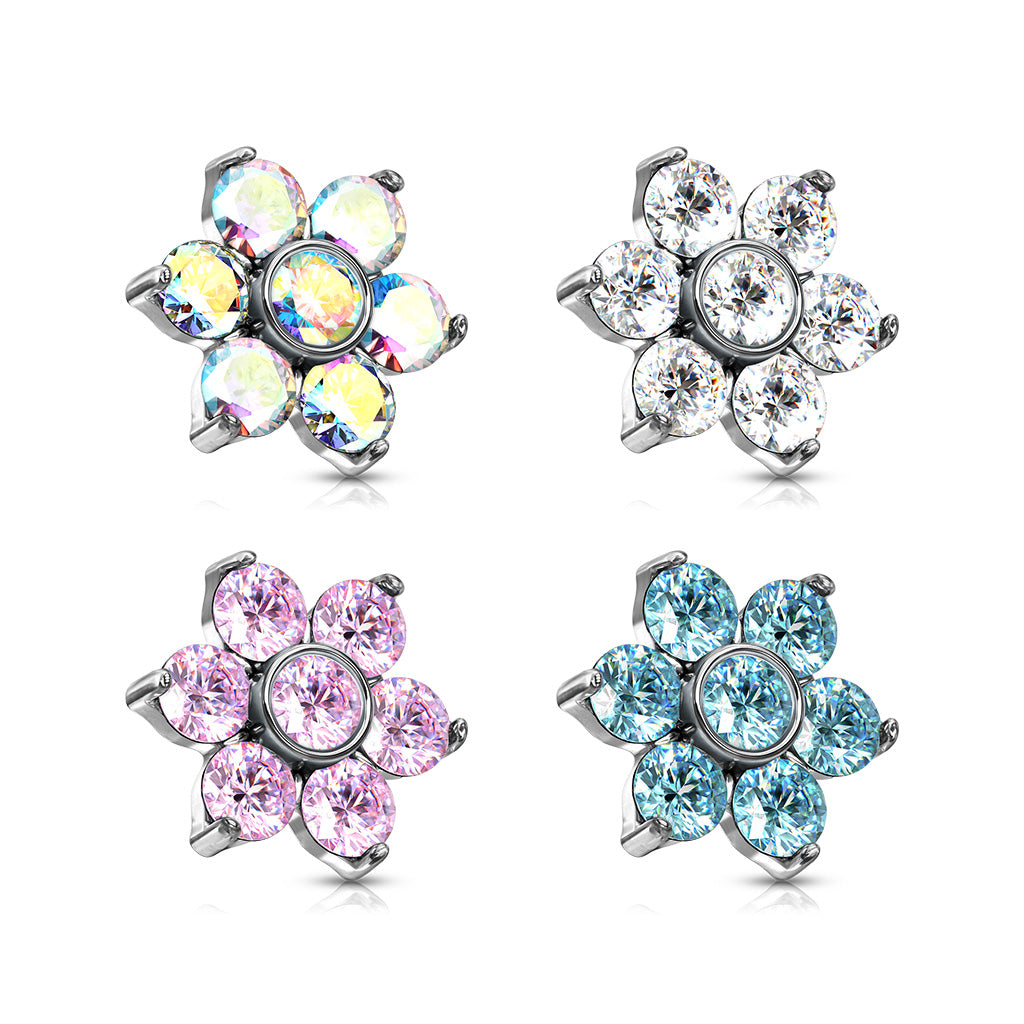 Surgical Steel Prong Set CZ Flower Dermal Top 6mm 14G & 16G