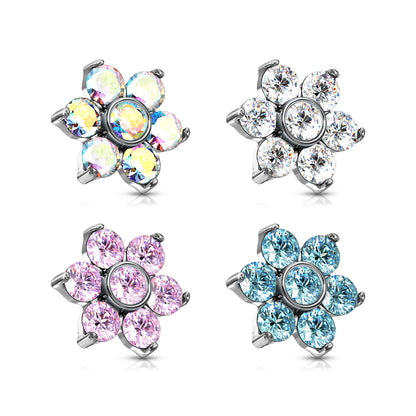 Surgical Steel Prong Set CZ Flower Dermal Top 6mm 14G & 16G