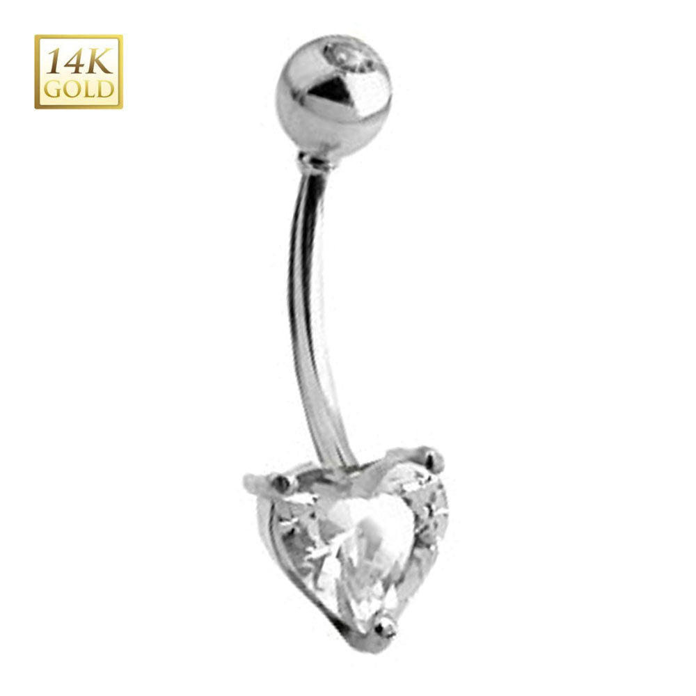 14K Solid White Gold 14 Gauge Prong Set Heart CZ Belly Ring