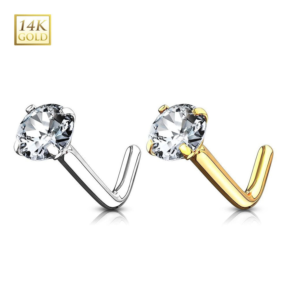 14K Solid Gold 18 and 20 Gauge L Shaped Nose Stud with Prong Set CZ
