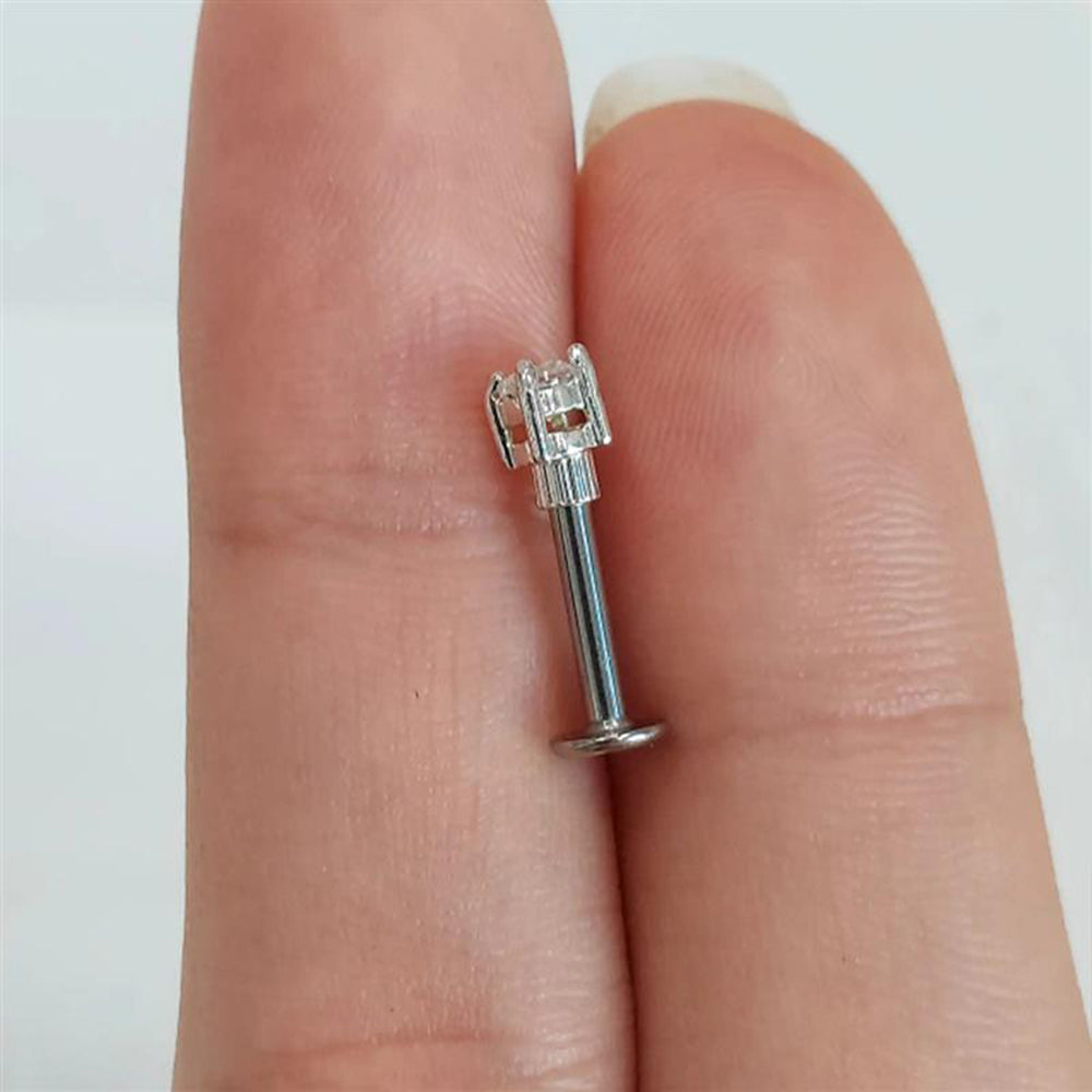 Surgical Steel 16 Gauge Flat Back Labret Stud with Prong Set Clear CZ