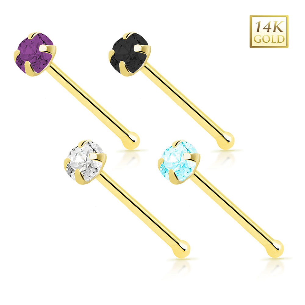 14K Solid Gold 22 Gauge Prong CZ Top Nose Bone Stud