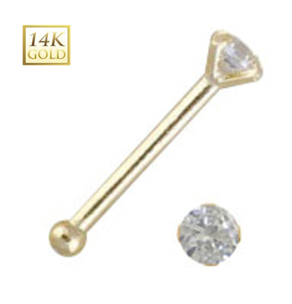 14K Solid Gold 18 Gauge Nose Bone Stud with Prong Set Clear CZ - photo 2