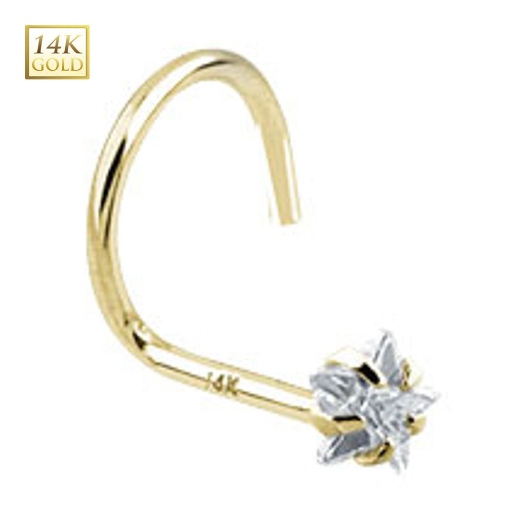 14K Solid Gold Nose Stud with Star CZ Corkscrew - 18 & 20 Gauge
