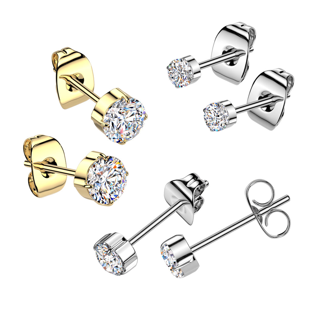 Titanium Prong Set CZ Stud Earrings 20G 6mm - Pair