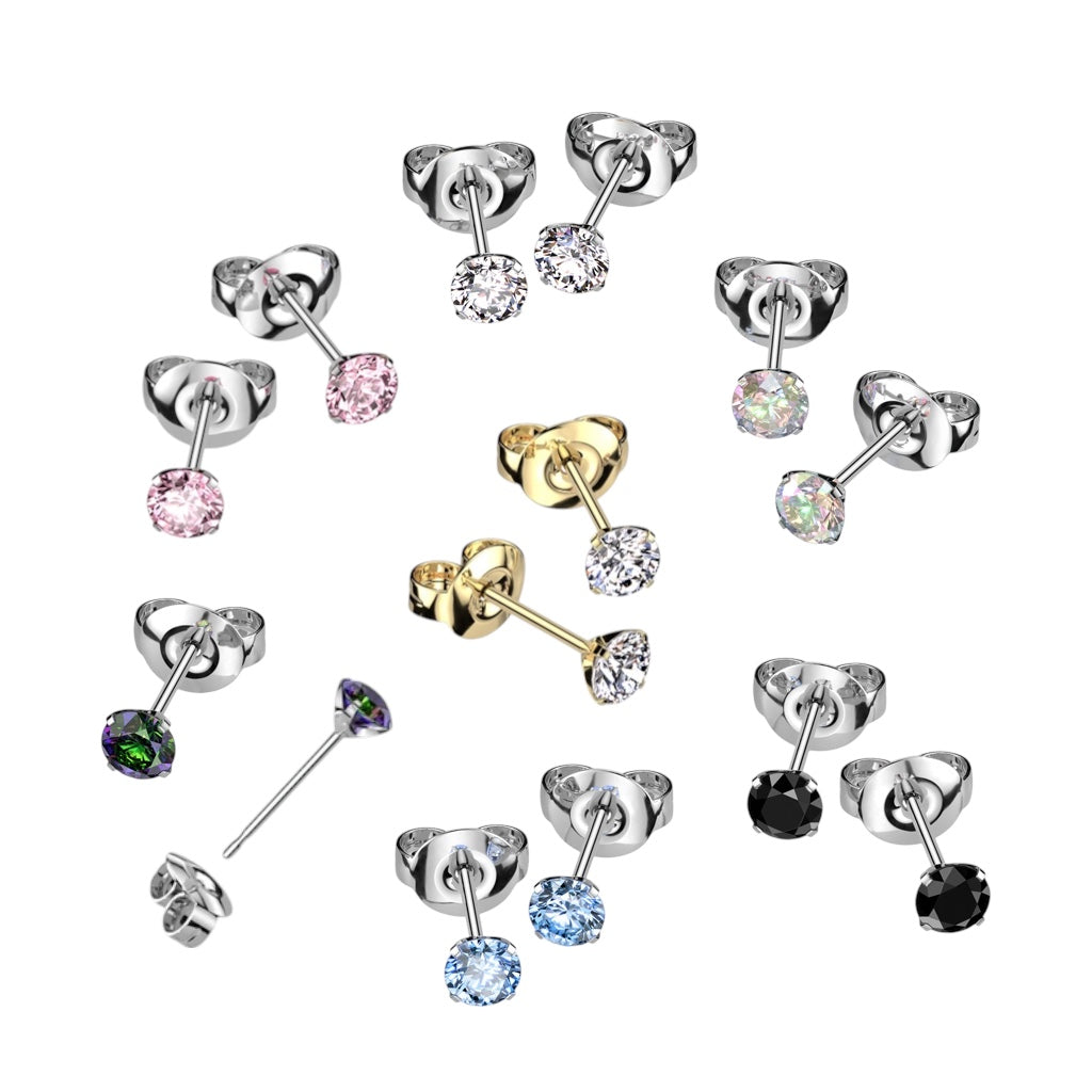 Titanium Prong Set CZ Stud Earrings 20G 2mm to 4mm - Pair
