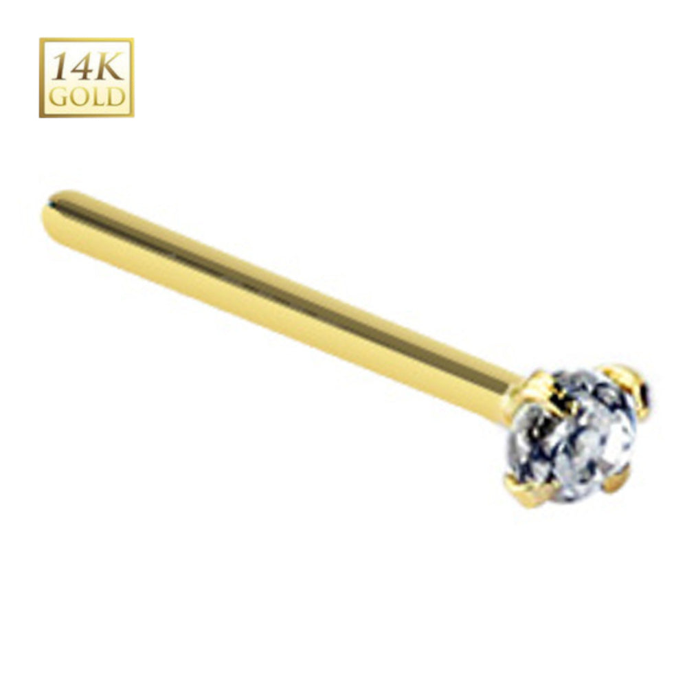 14K Solid Gold Fishtail Nose Stud 20 Gauge with Prong Set Clear CZ
