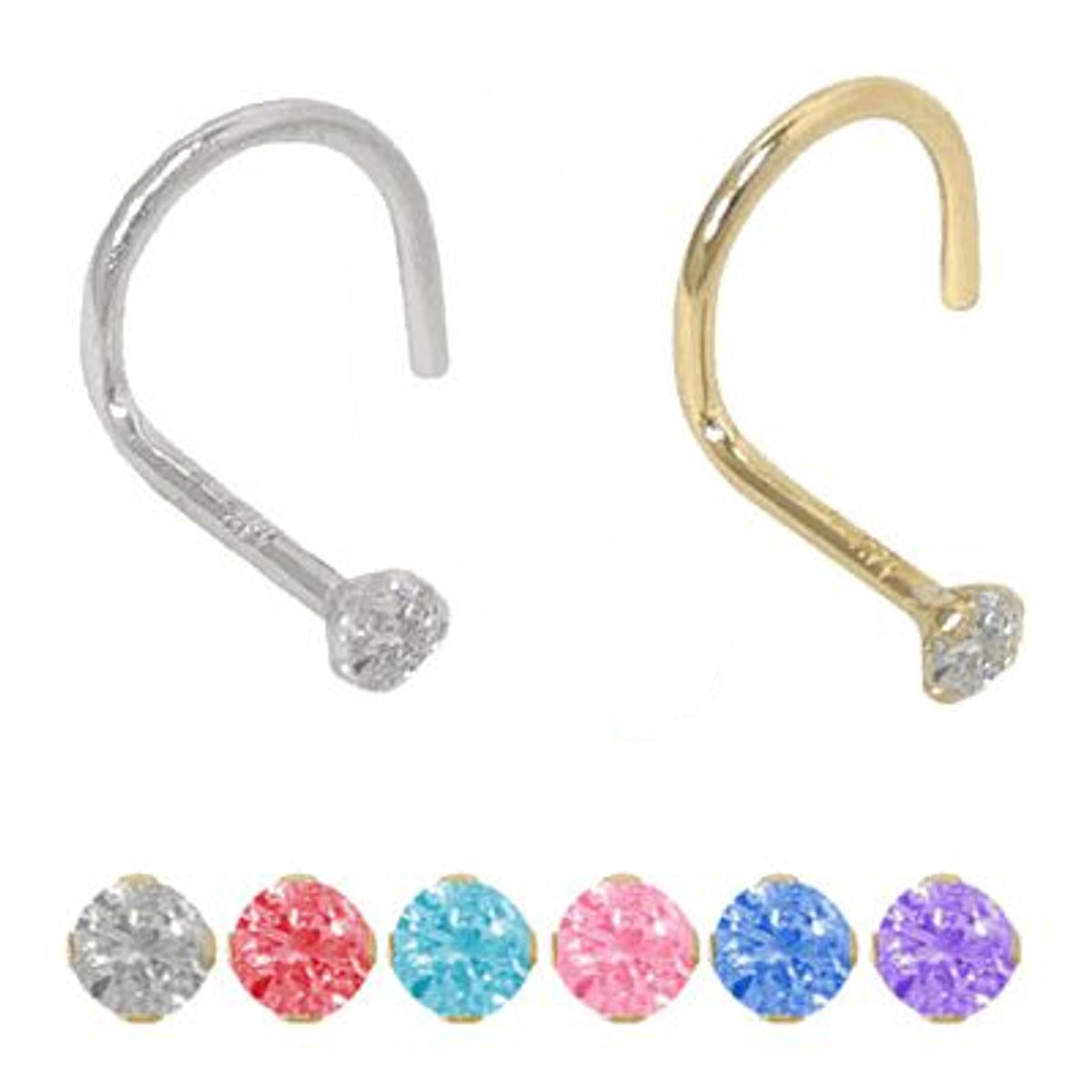 14K Solid Gold 18 Gauge Nose Stud with Clear CZ Corkscrew