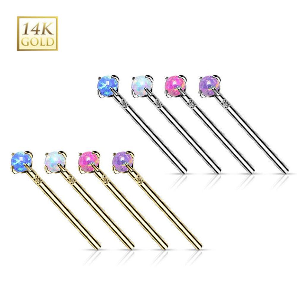 14K Solid Gold 18 to 20 Gauge Fishtail Nose Stud with Prong Set Opal