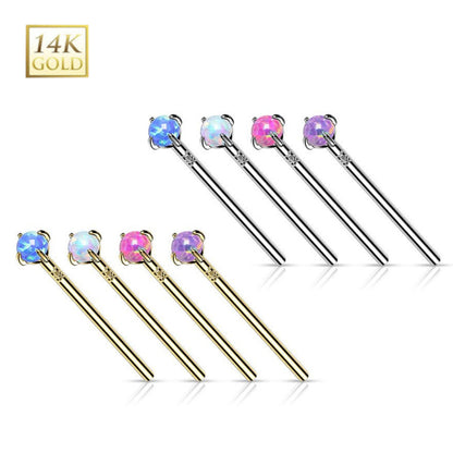 14K Solid Gold 18 to 20 Gauge Fishtail Nose Stud with Prong Set Opal
