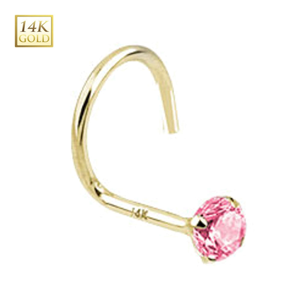 14K Solid Gold Nose Stud with Pink CZ Corkscrew - 18 & 20 Gauge