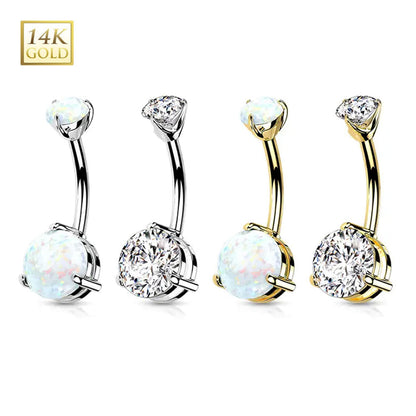14K Solid Gold 14 Gauge Belly Ring with Prong Set Round Gems