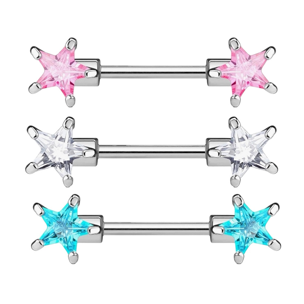 Surgical Steel 14 Gauge Nipple Barbell with CZ Star - Pair