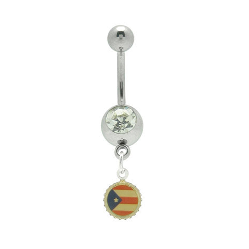 Surgical Steel 14 Gauge Belly Ring with Puerto Rico Flag Dangle