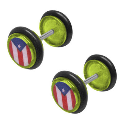 Acrylic 16 Gauge Green Fake Plugs with Puerto Rico Flag - Pair