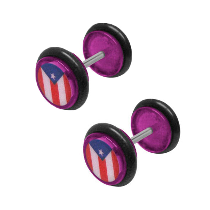 Purple Acrylic 16 Gauge Fake Ear Plugs with Puerto Rico Flag - Pair