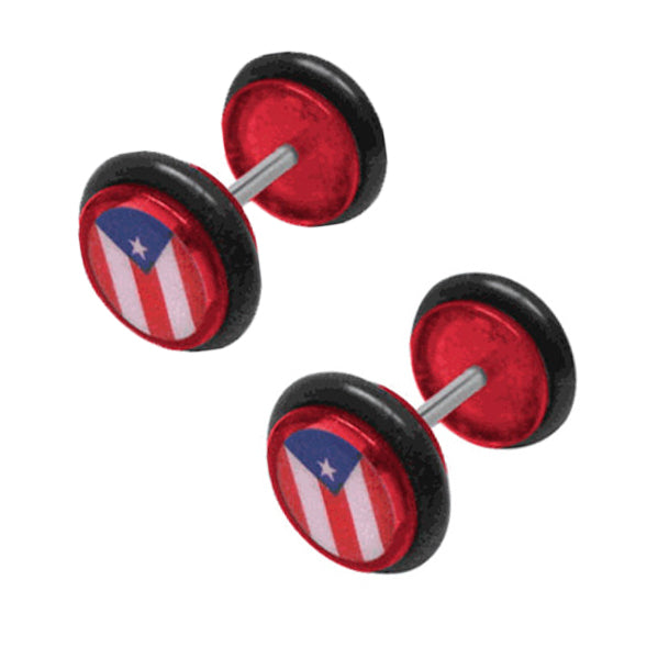 Red Acrylic 16 Gauge Fake Plugs with Puerto Rico Flag - Pair