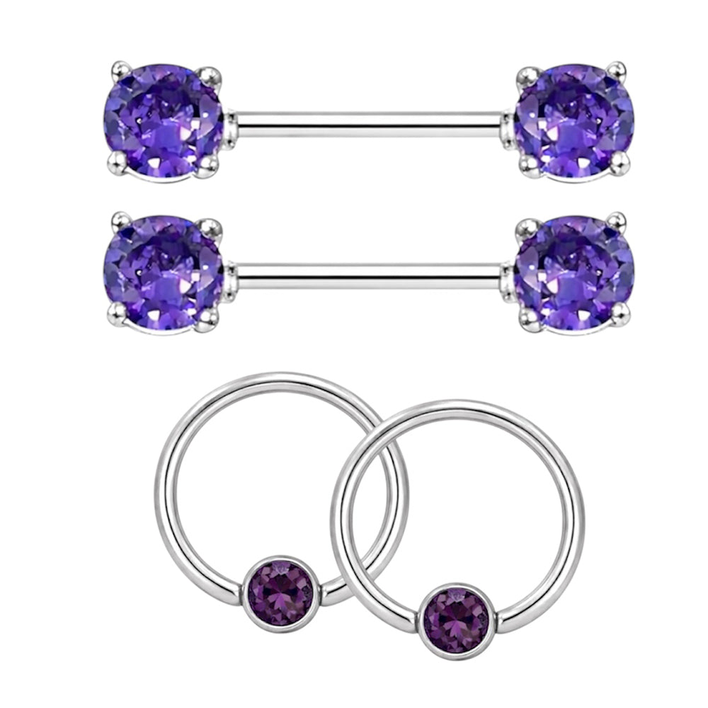 Surgical Steel 14 Gauge Nipple Barbell & Purple CZ Captive Bead - Pair