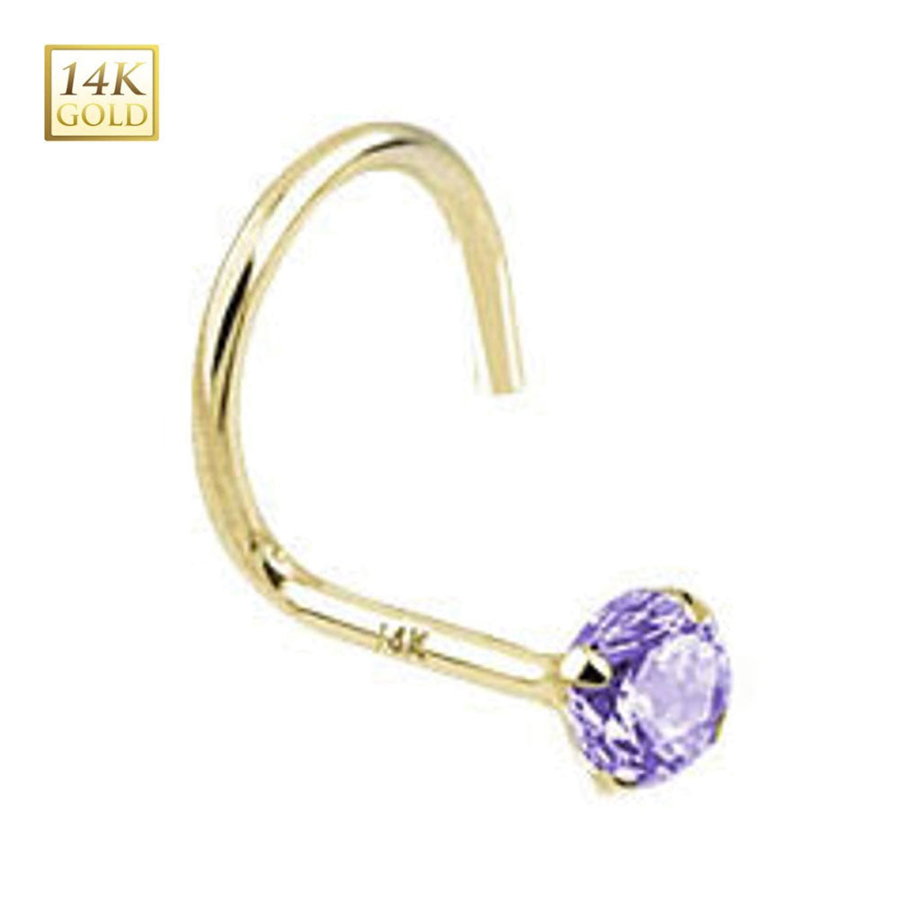 14K Solid Gold 20 Gauge Nose Stud with Purple CZ Corkscrew