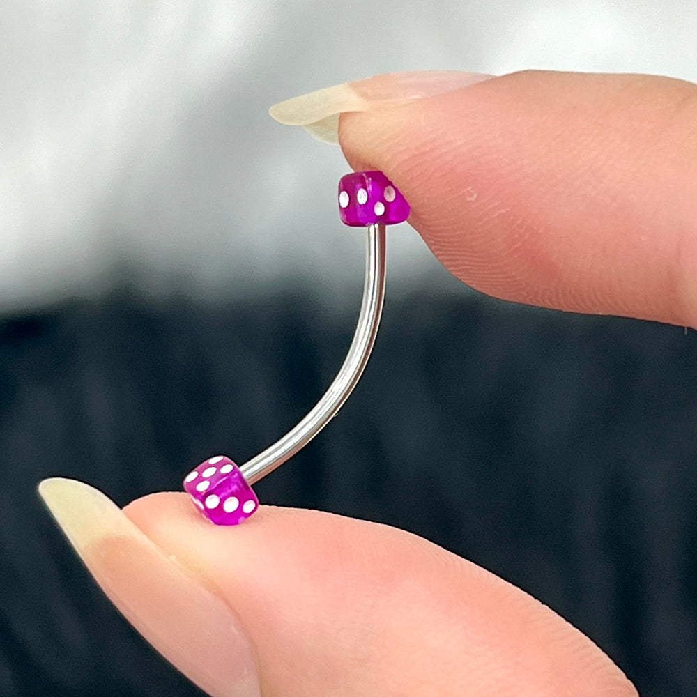 Surgical Steel & Titanium Curved Barbell 16G with Purple Acrylic Dice - photo 4