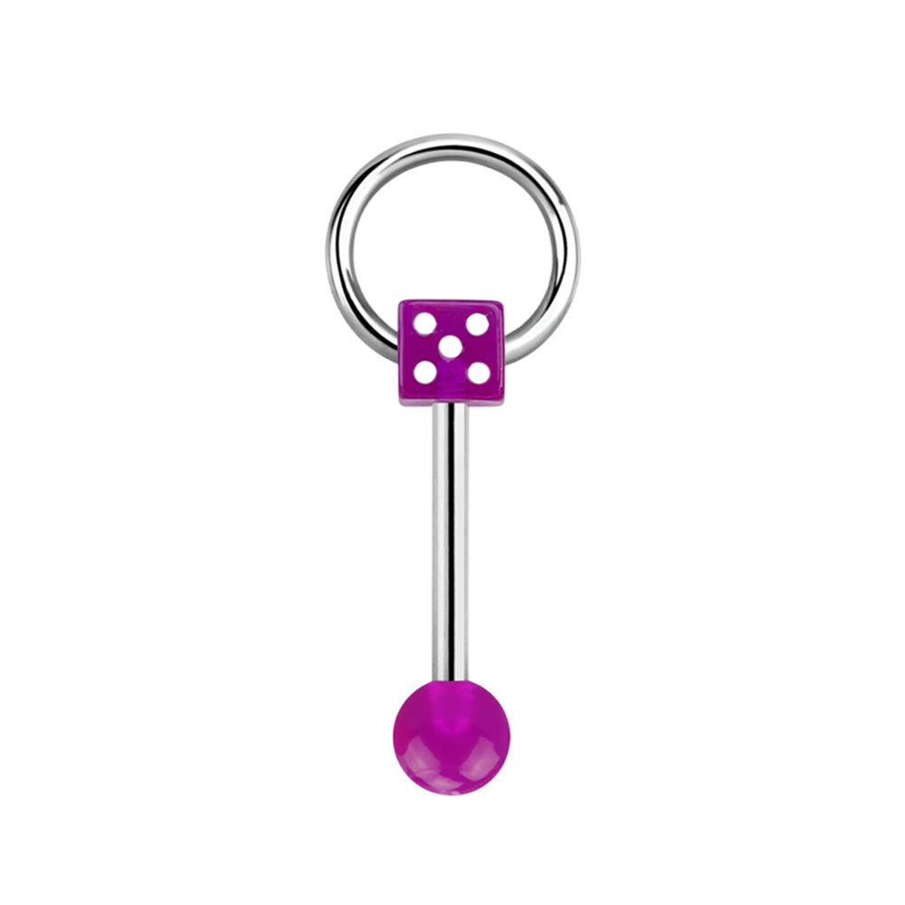 Surgical steel tongue barbell with glow-in-the-dark dice