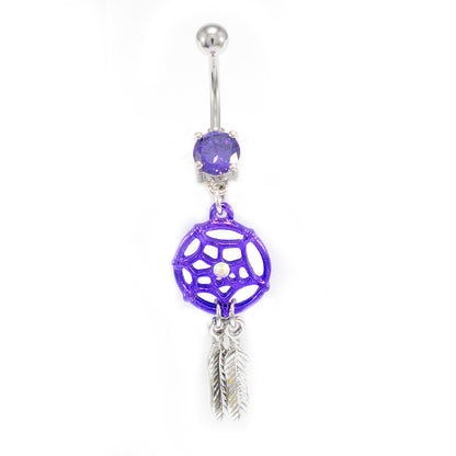 Surgical Steel 14 Gauge Belly Ring with Purple Dream Catcher