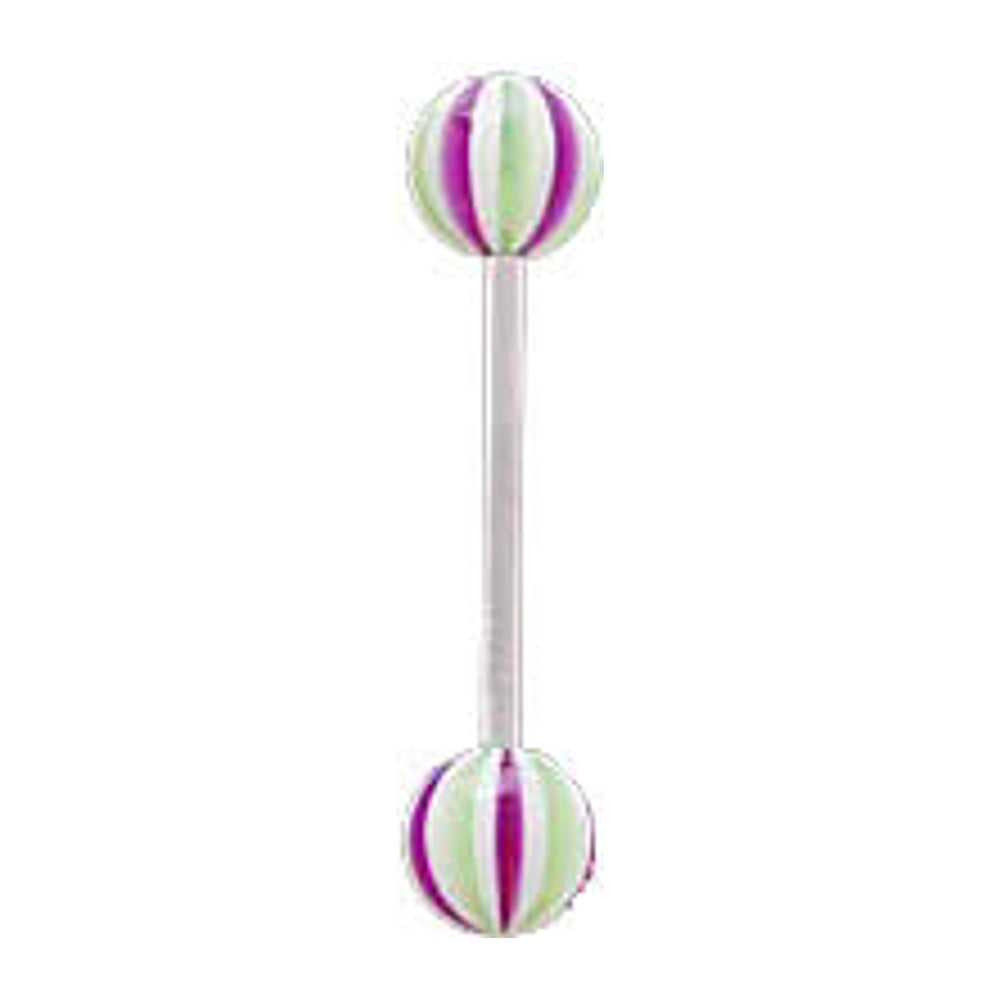 Surgical Steel 14 Gauge Barbell with Purple Green Stripe UV Beads