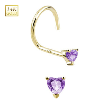 14K Solid Gold Nose Stud with Purple Heart CZ - 18 & 20 Gauge - photo 2