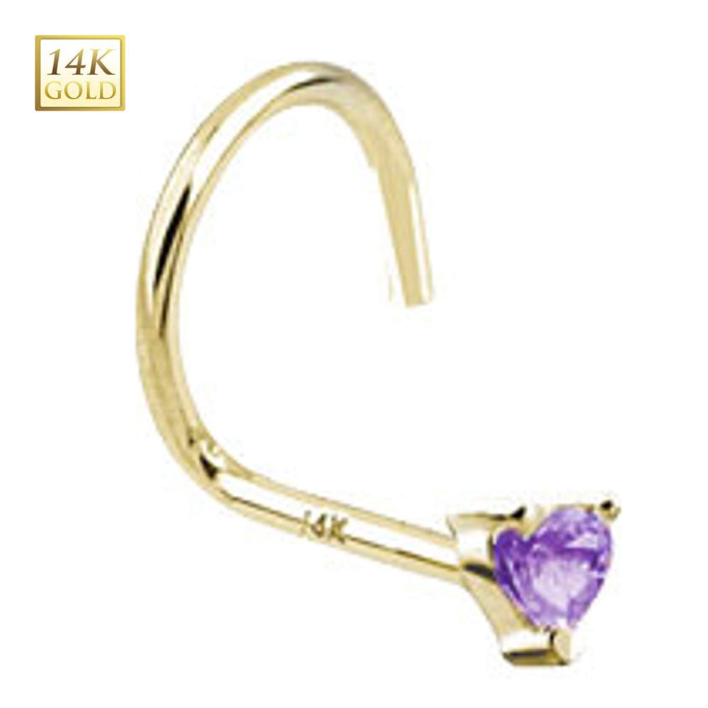 14K Solid Gold Nose Stud with Purple Heart CZ - 18 & 20 Gauge