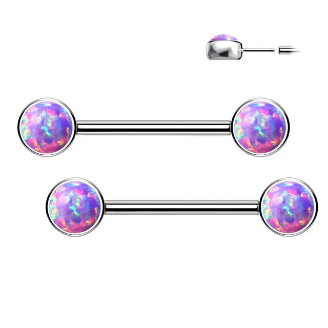 Titanium 14 Gauge Nipple Barbell with Bezel Opal - Pair - photo 6